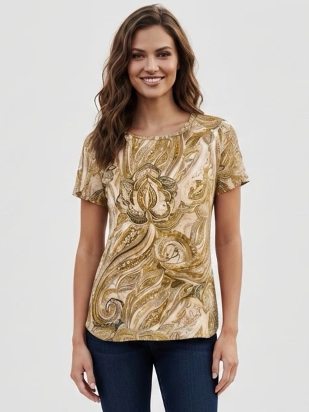 Tahari Tan Gold Paisley Print Mesh Top Short Sheer Sleeves Tee Top sz Small